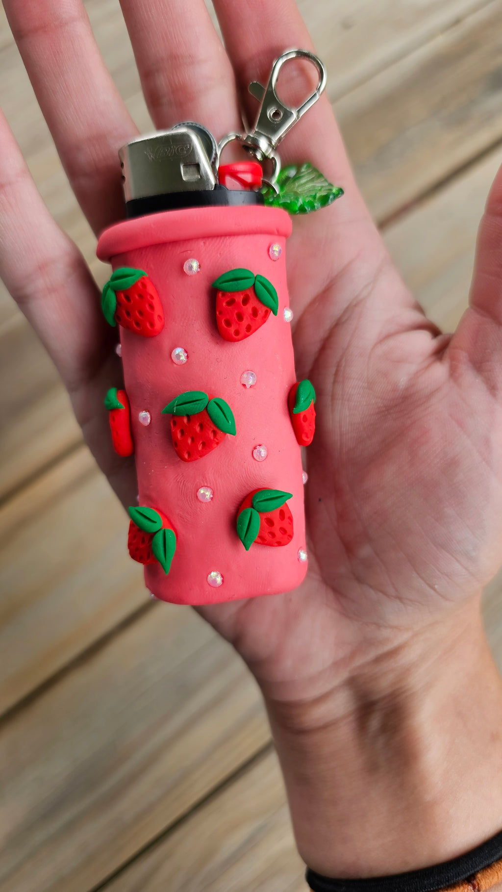 Strawberry pink lighter case keychain