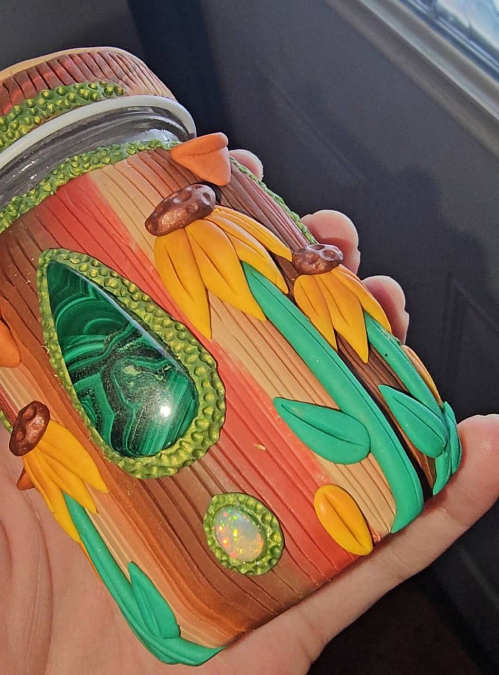 Malachite and Ethiopian opal sunflower jar