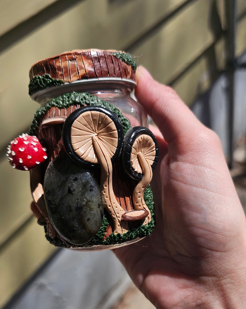 Labradorite Amanita and black mushroom jar