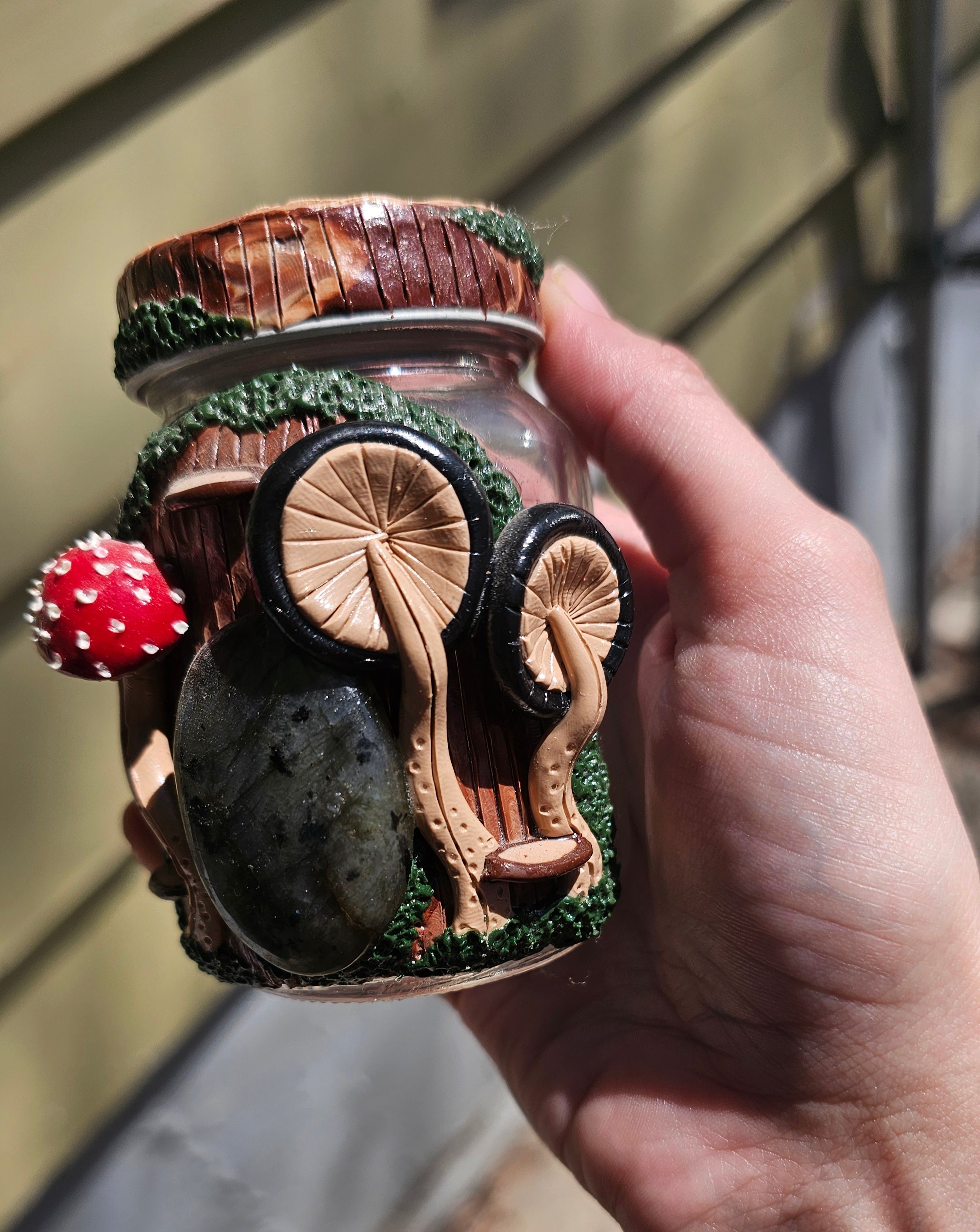 Labradorite Amanita and black mushroom jar