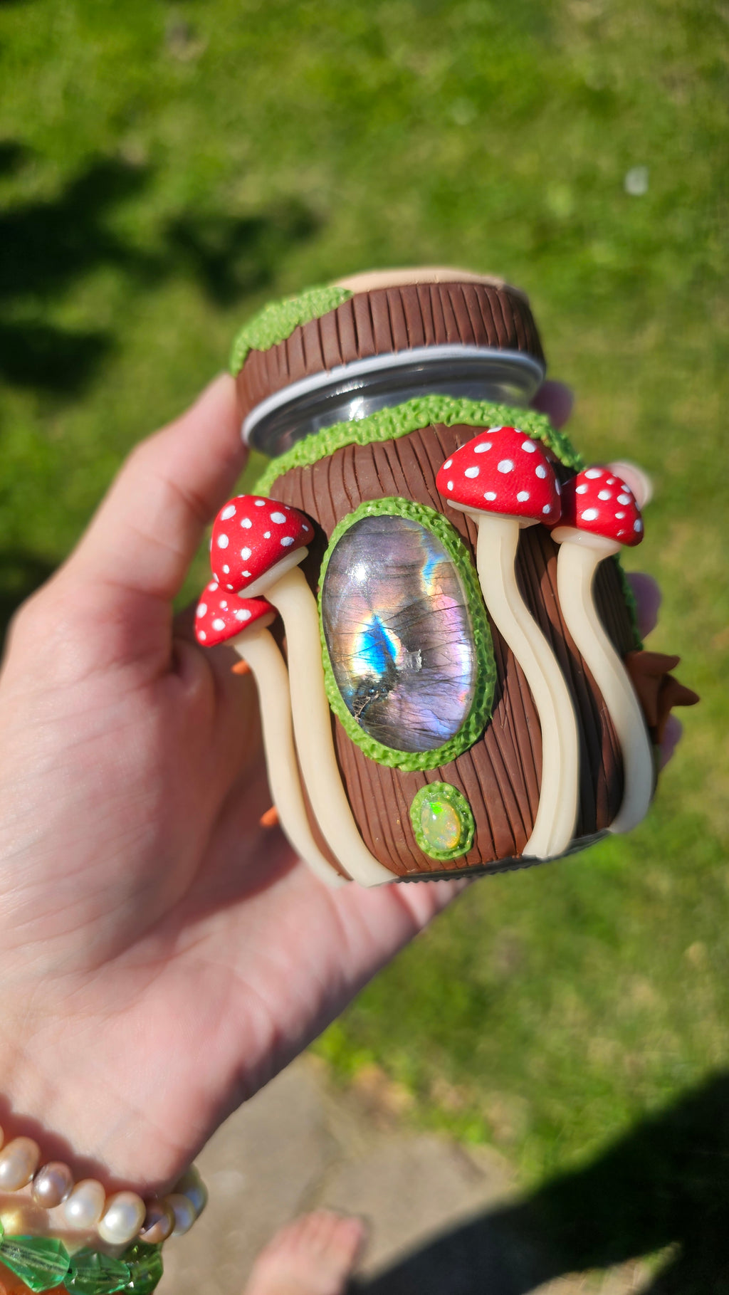 Purple Labradorite Ethiopian opal Amanita glow in the dark jar