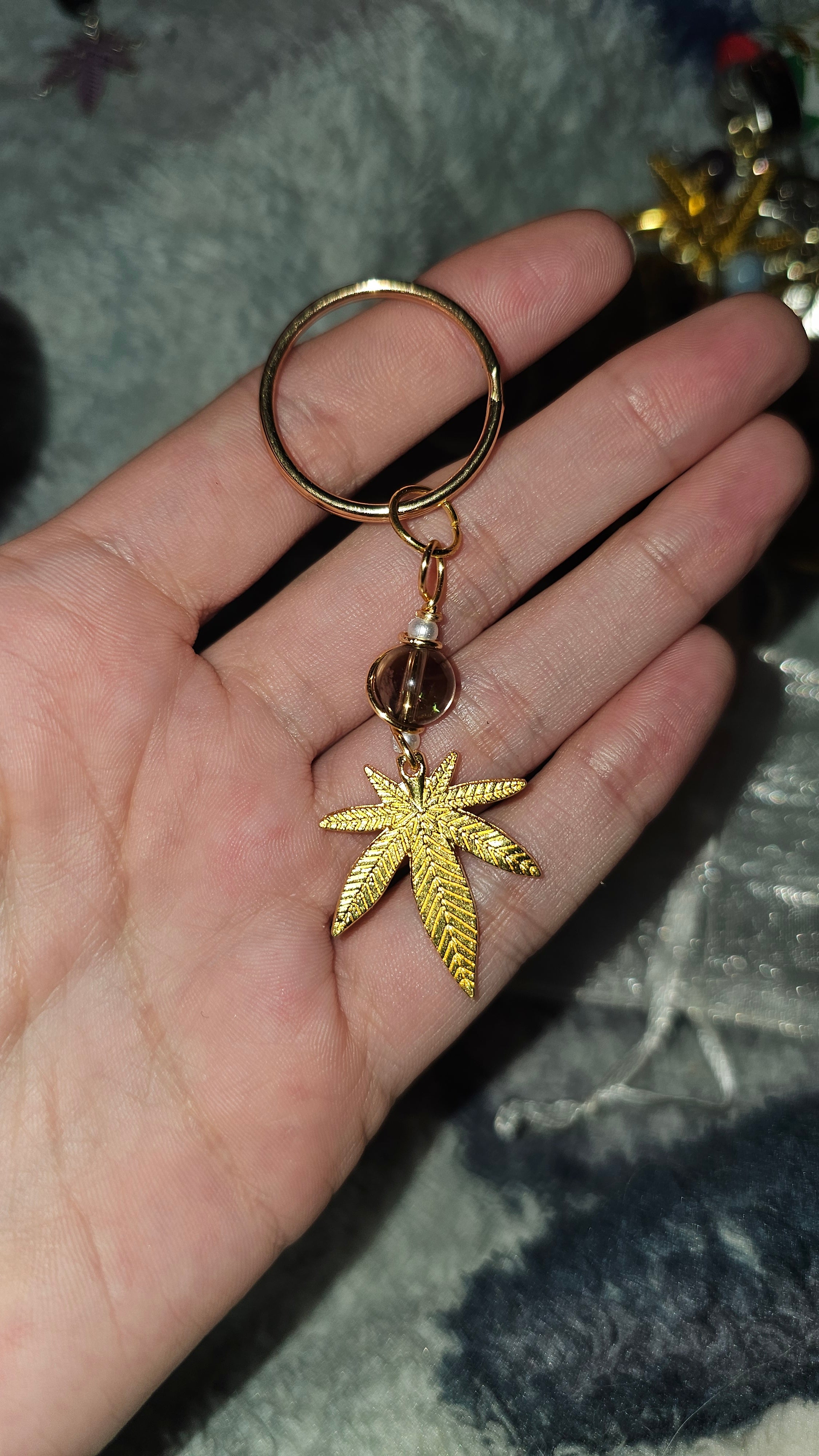 Smokey quartz leaf keychain