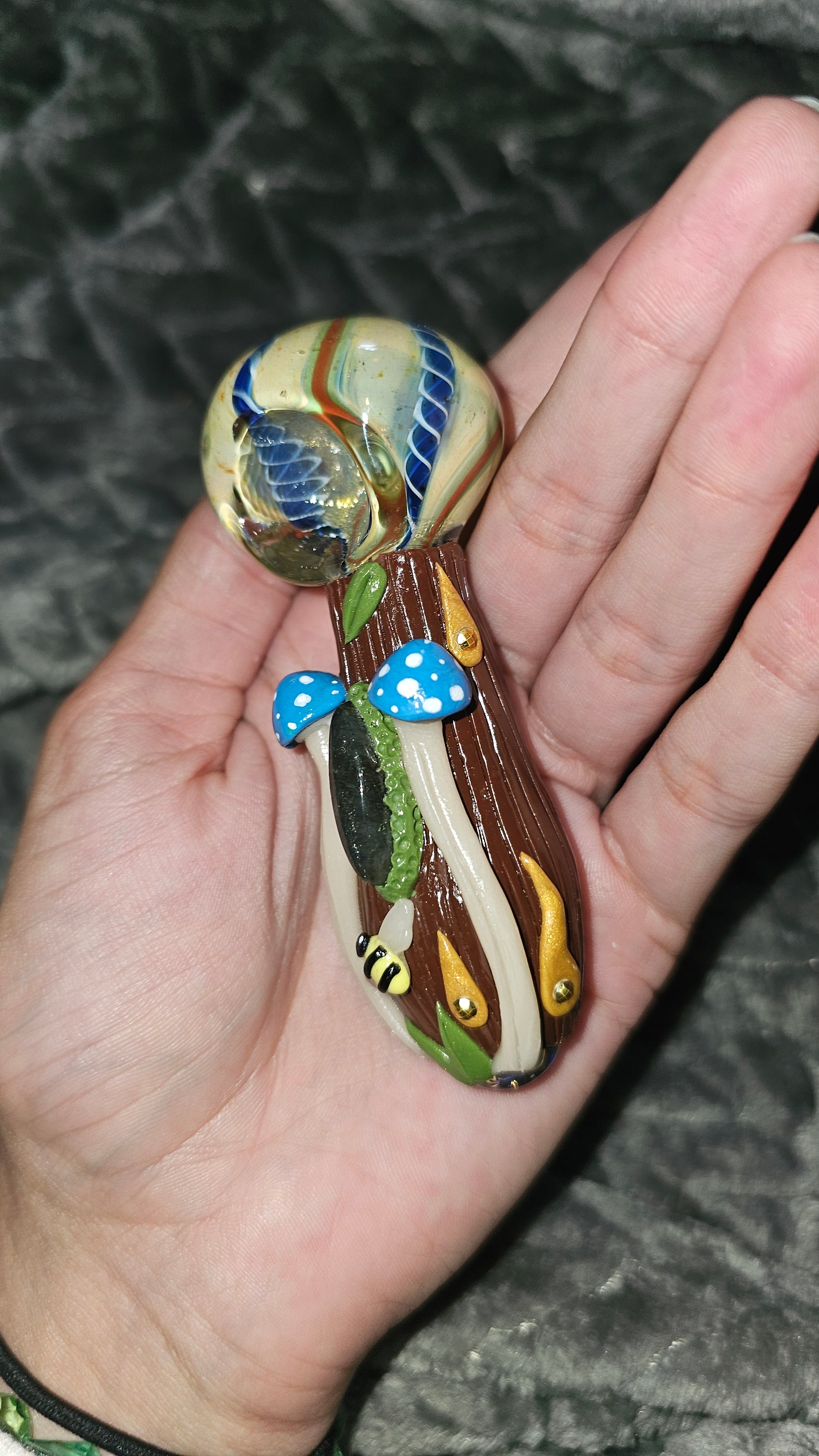 Blue mushroom bee labradorite bowl