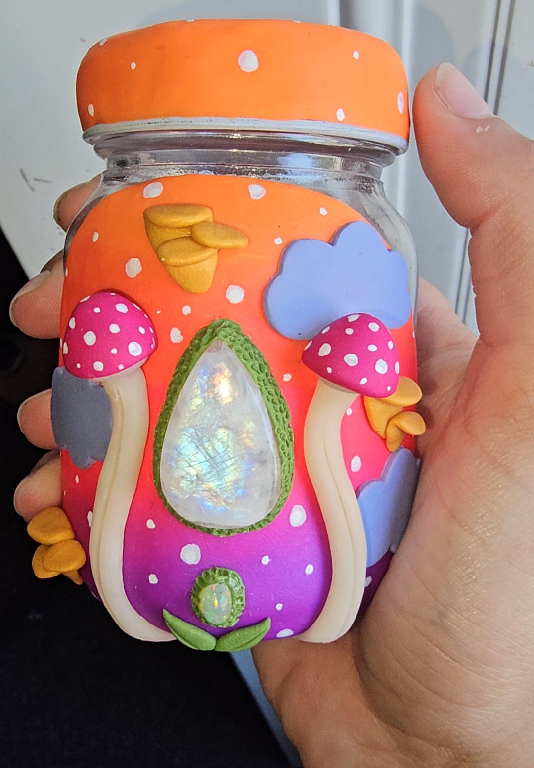 Glow in the dark pink mushroom moonstone Ethiopian opal stash jar