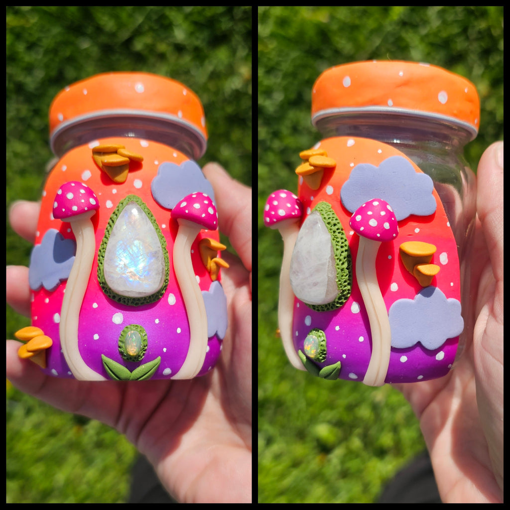 Glow in the dark pink mushroom moonstone Ethiopian opal stash jar