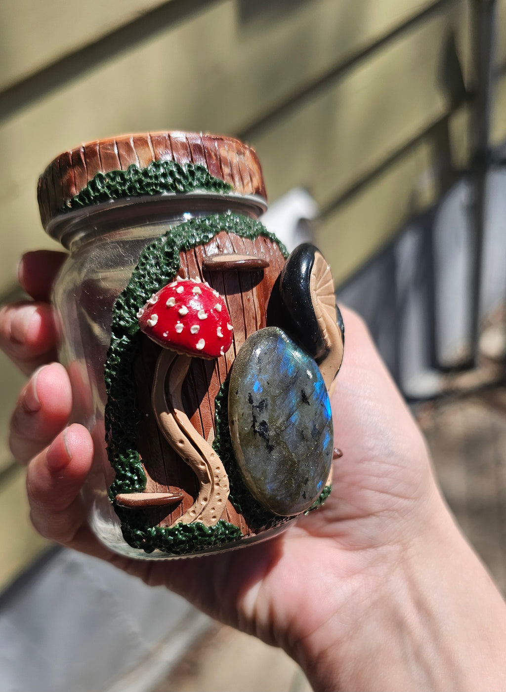 Labradorite Amanita and black mushroom jar