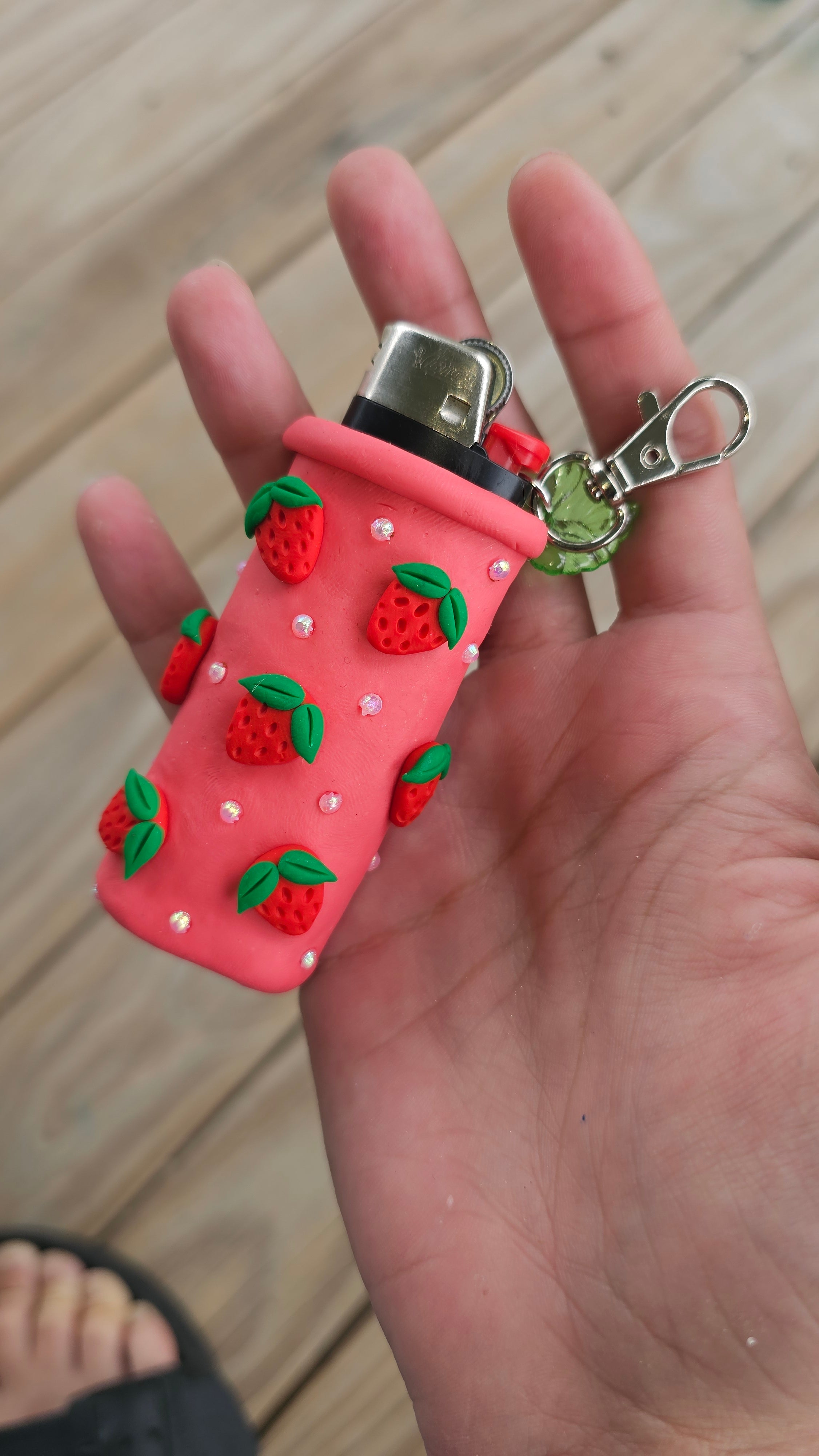 Strawberry pink lighter case keychain