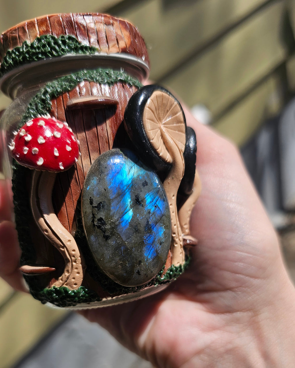 Labradorite Amanita and black mushroom jar