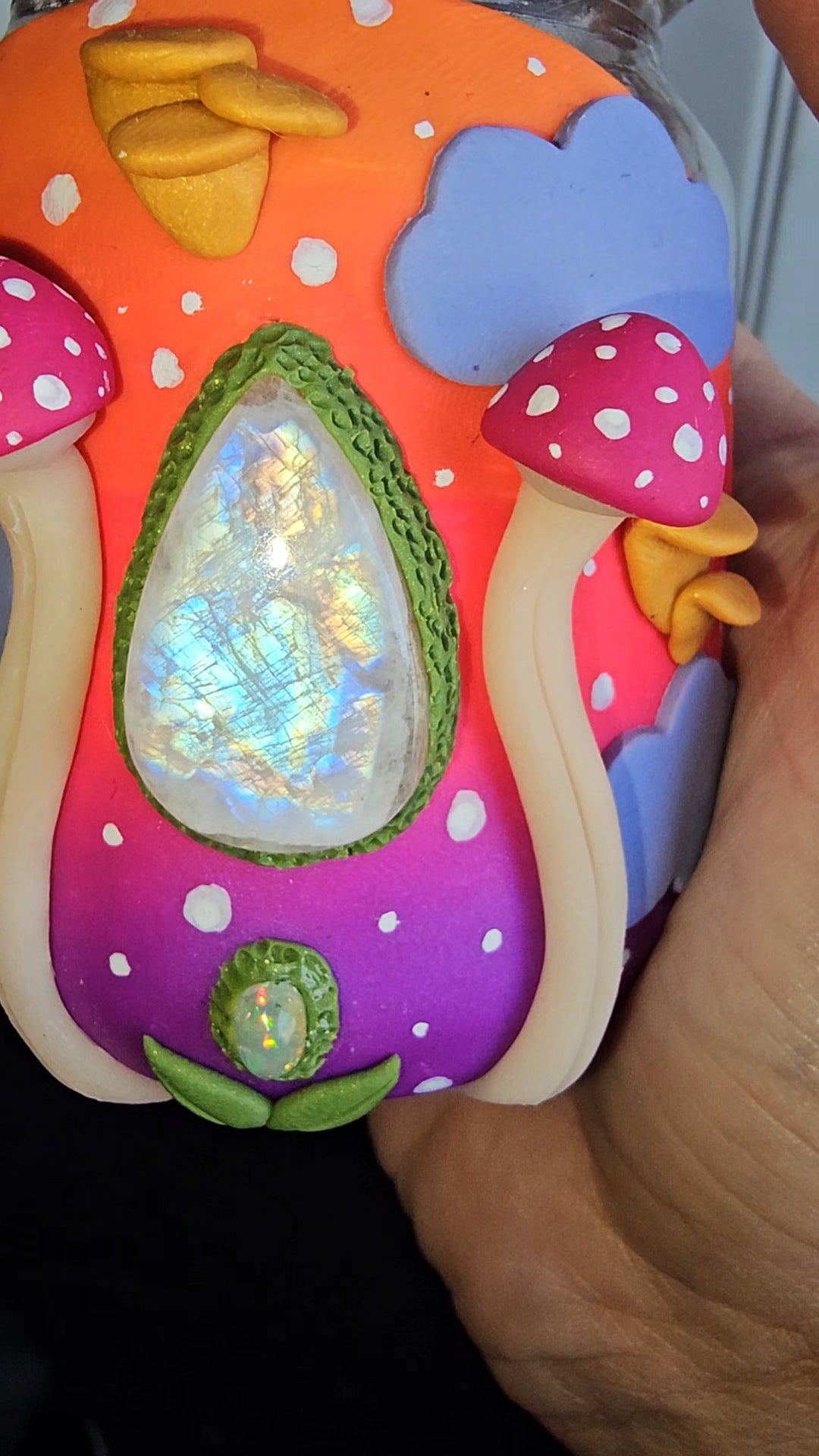 Glow in the dark pink mushroom moonstone Ethiopian opal stash jar