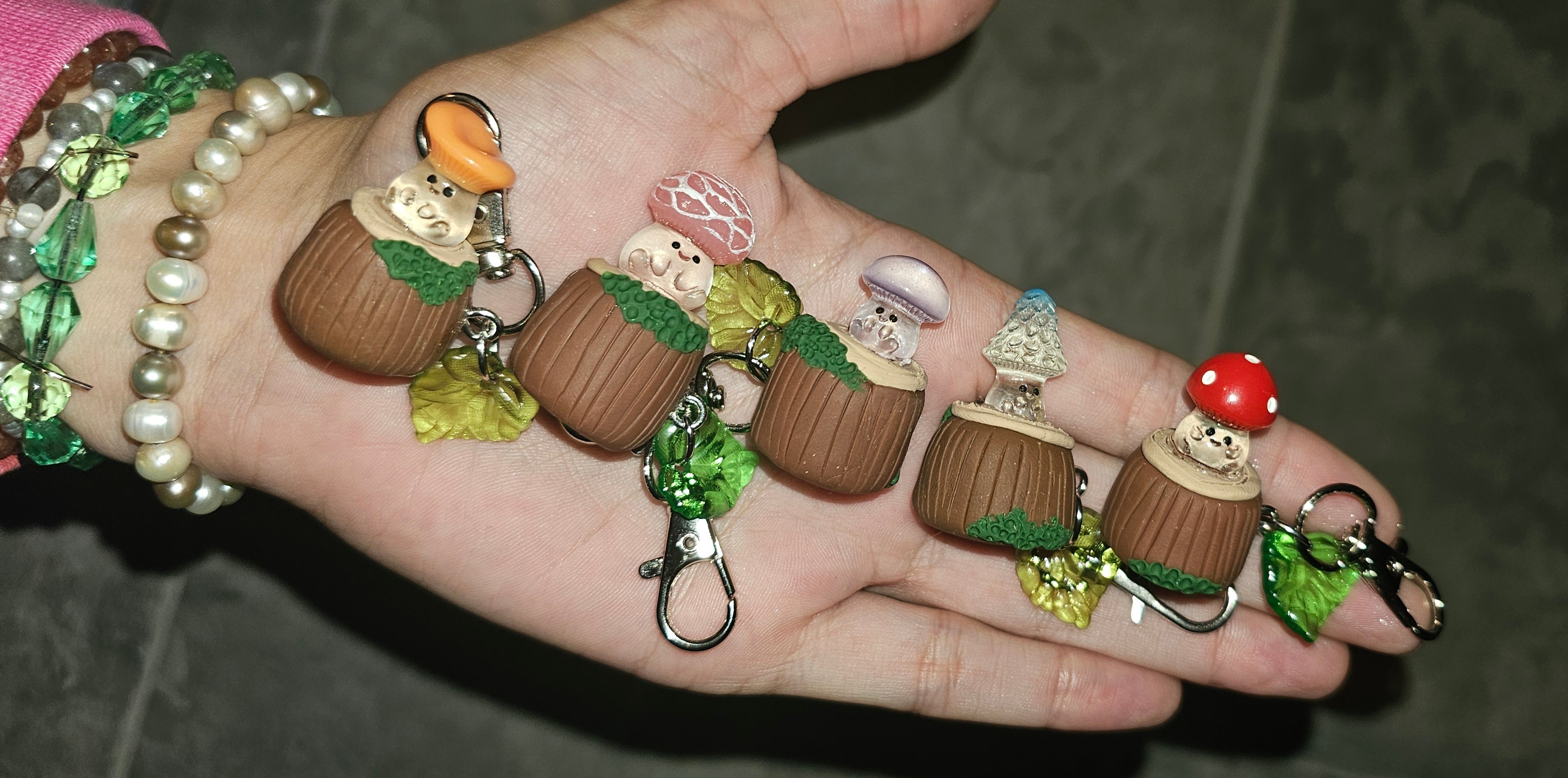 Glow in the dark mushies on a stump keychains